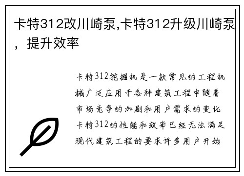 卡特312改川崎泵,卡特312升级川崎泵，提升效率